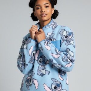 Disney Lilo & Stitch Women Blue Stitch Cute Pose 1/4 Zip Fleece Sweatshirt S
